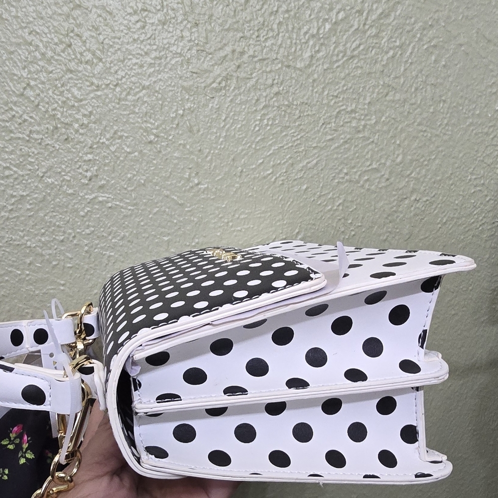 Betsey Johnson Black & White Polka Dot Top Handle Satchel with Floral Bow - Picture 9 of 9